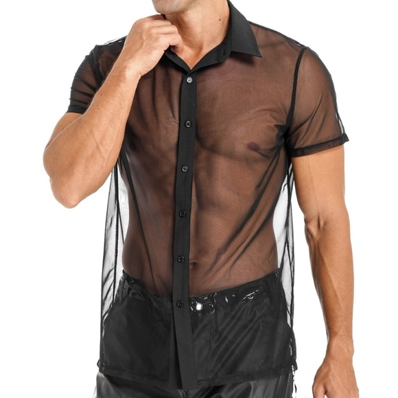 Mens See Through Mesh Shirt Short Sleeve Turn-Down Collar Button Sheer Top - Picture 3 of 7